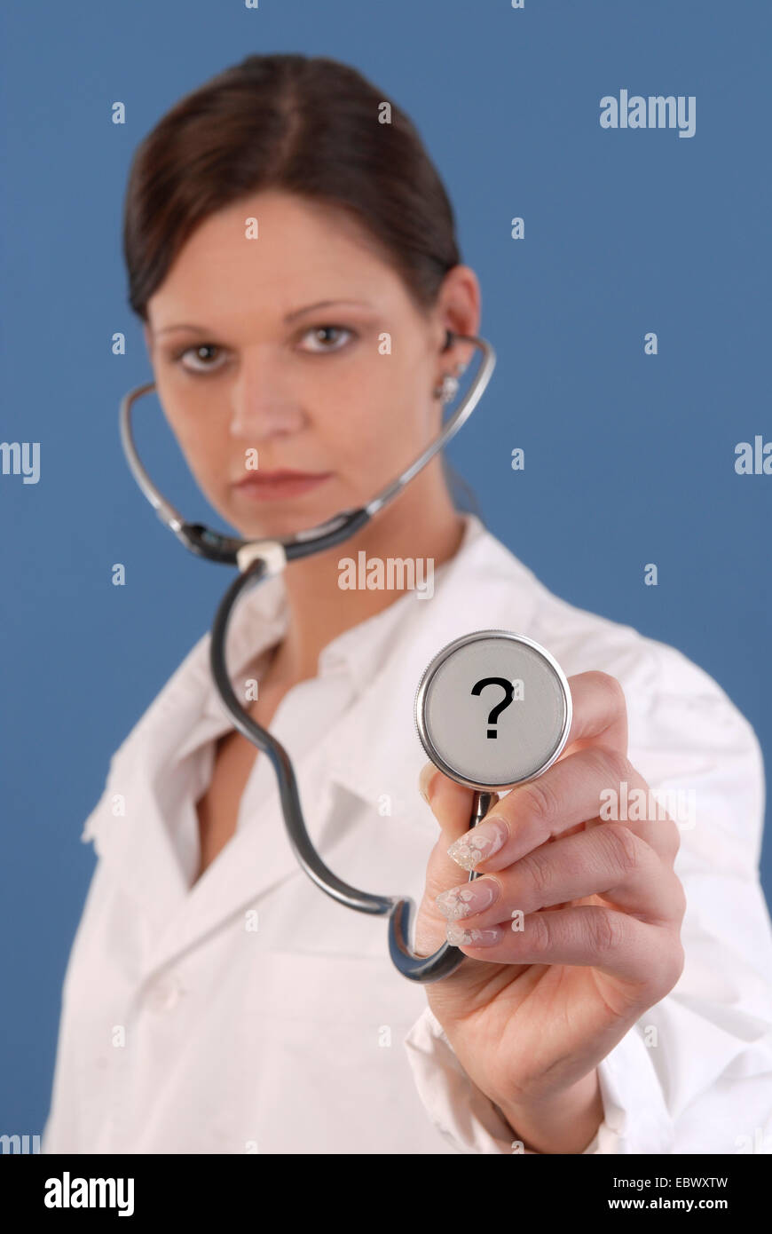female with stethoscope with question mark Stock Photo Alamy
