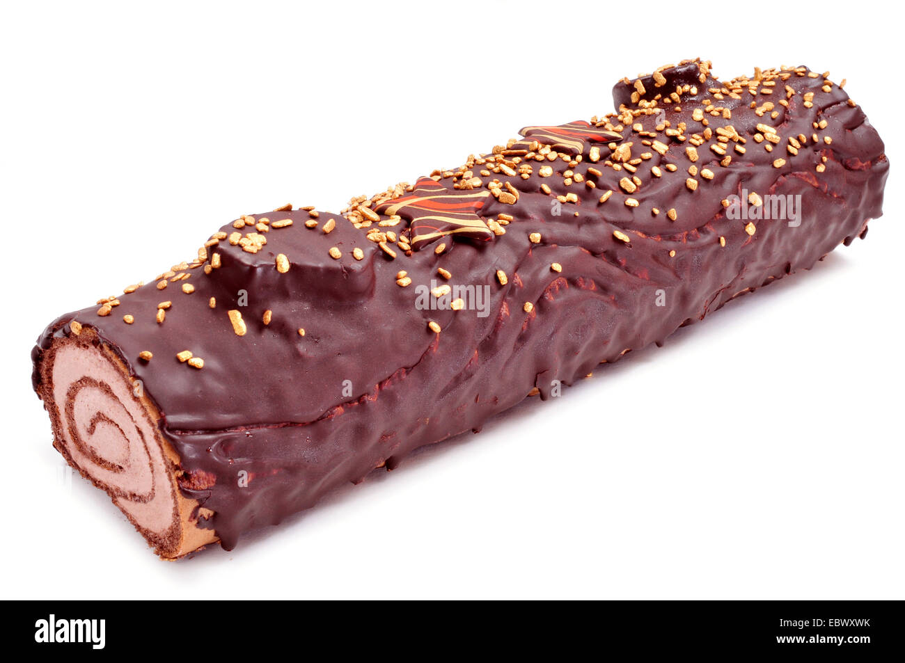 a yule log cake, traditional of christmas time, on a white background