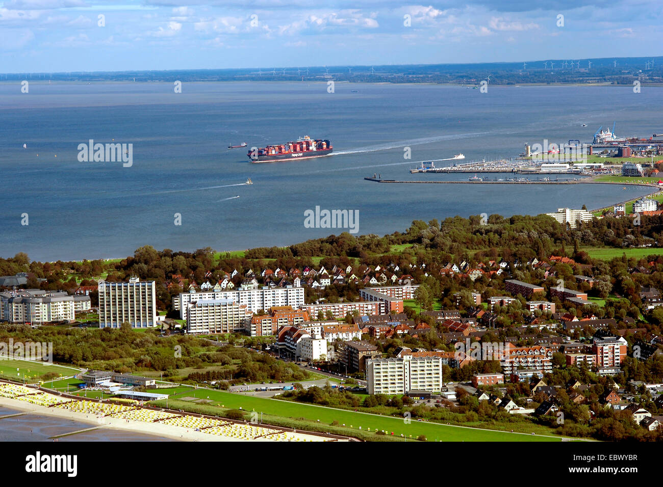 view of Doese with Elbe river and transport ship, Germany, Lower Saxony, Cuxhaven Stock Photo