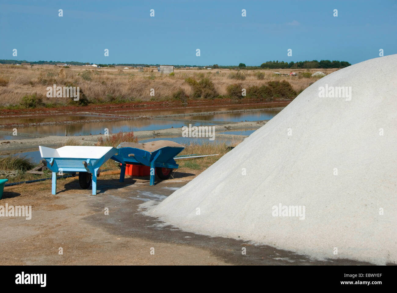 mountain of salt in front of 'salt gardens' (fields for salt extraction) near l'Epine, France, Vendee, Noirmoutier, Luzay Stock Photo