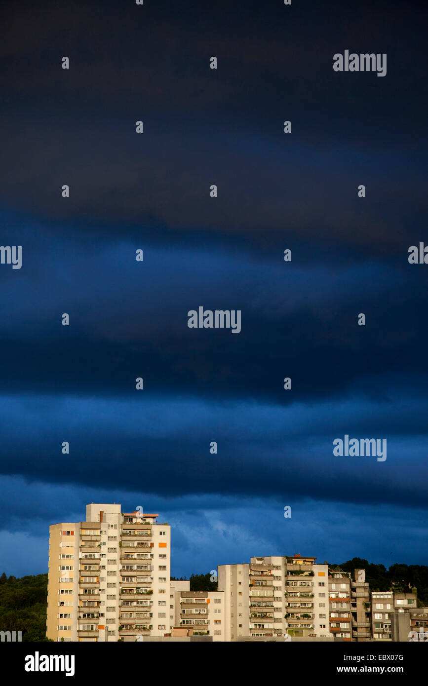 dark clouds over tower block residential estate, Austria, Styria, Graz ...