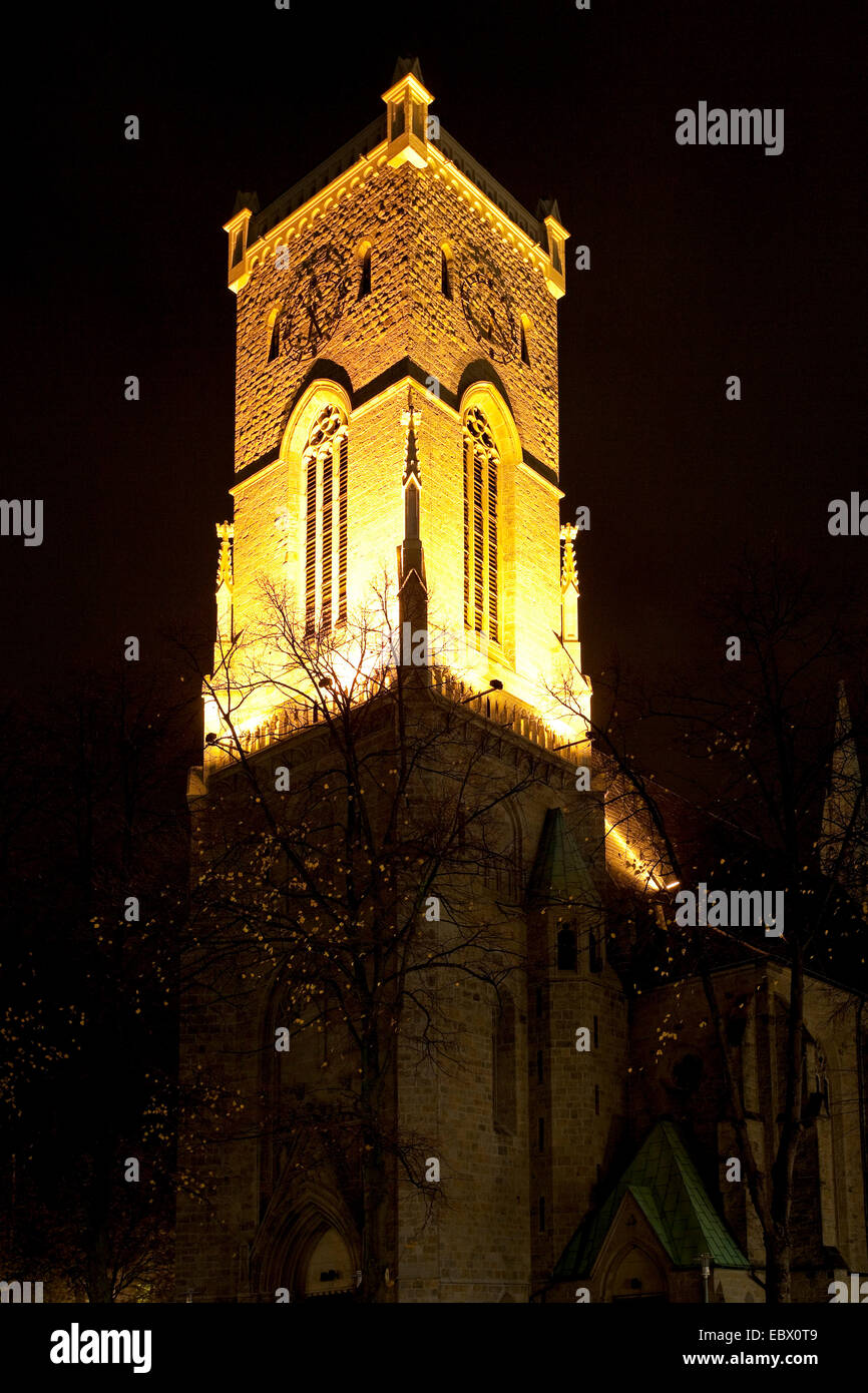 illuminated steeple of St Lambertus at night, Germany, North Rhine-Westphalia, Ruhr Area, Castrop-Rauxel Stock Photo