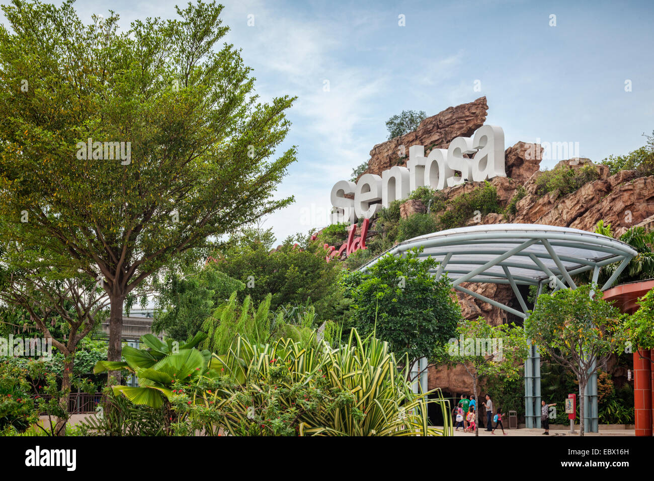 Sign at the entrance to Sentosa Island, a resort and entertainment area reached by a causeway from Singapore. Stock Photo