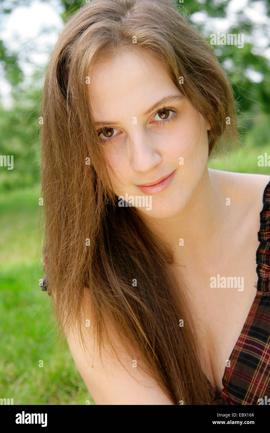 portrait of brown-haired young woman, Germany Stock Photo