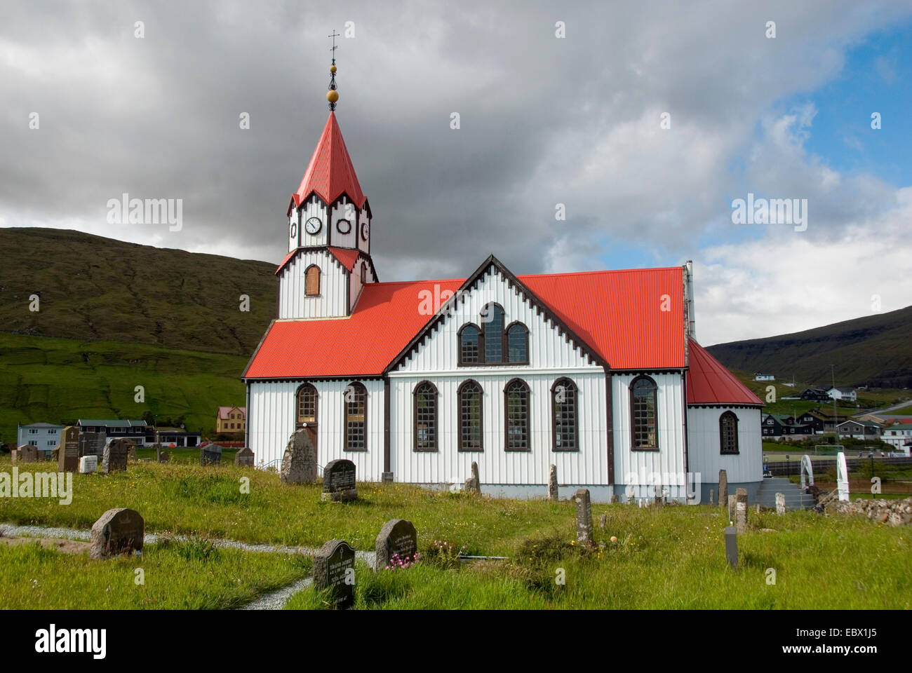 church in Sandavagur, Denmark, Faeroeer Inseln, Vagar Stock Photo