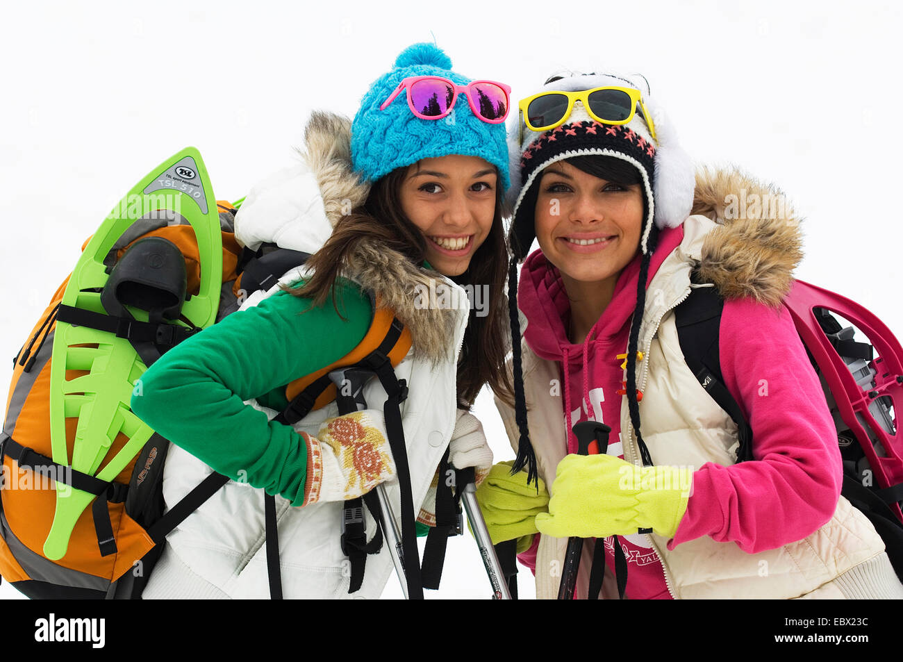 two girl friends in winter holidays, France Stock Photo