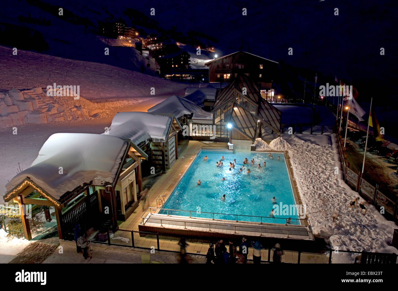 swimming pool at night in Les MÚnuires, north alps mountains, France Stock Photo
