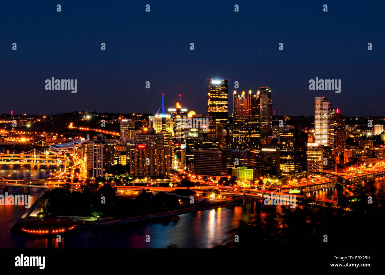Pittsburgh and the Three Rivers at night taken from Mt Washington, USA, Pennsylvania, Pittsburgh Stock Photo