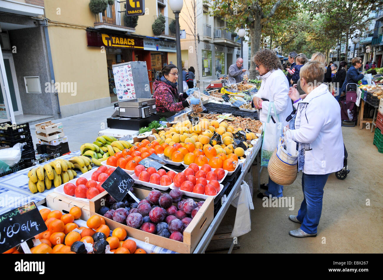 Open air market Lloret de Mar, Costa Brava, Spain Stock Photo