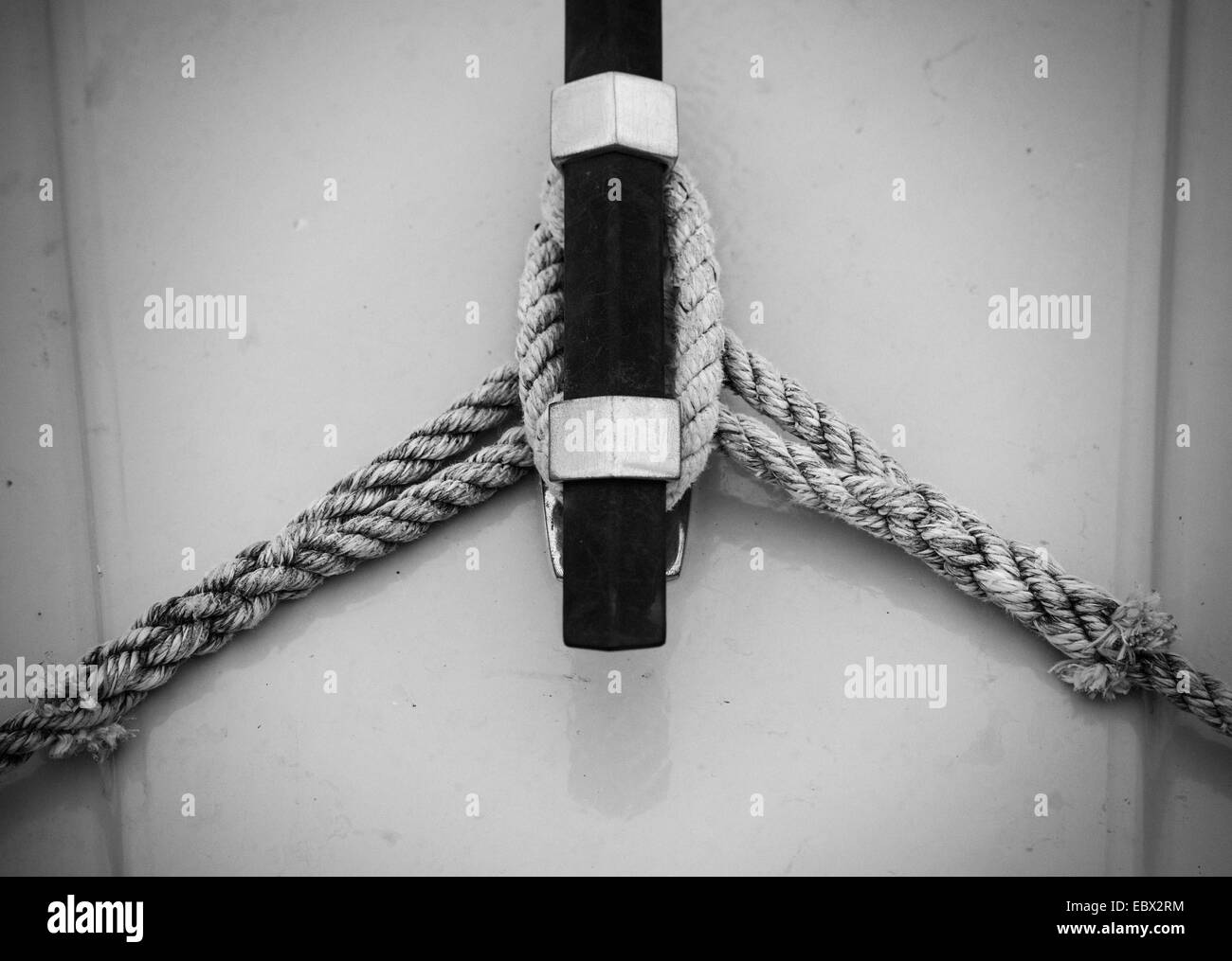 Close up of cleat and rope on boat Stock Photo