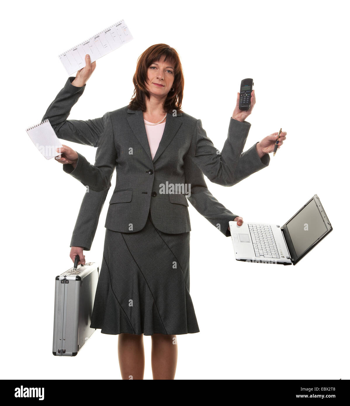 secretary with many hands and notebook in stress Stock Photo