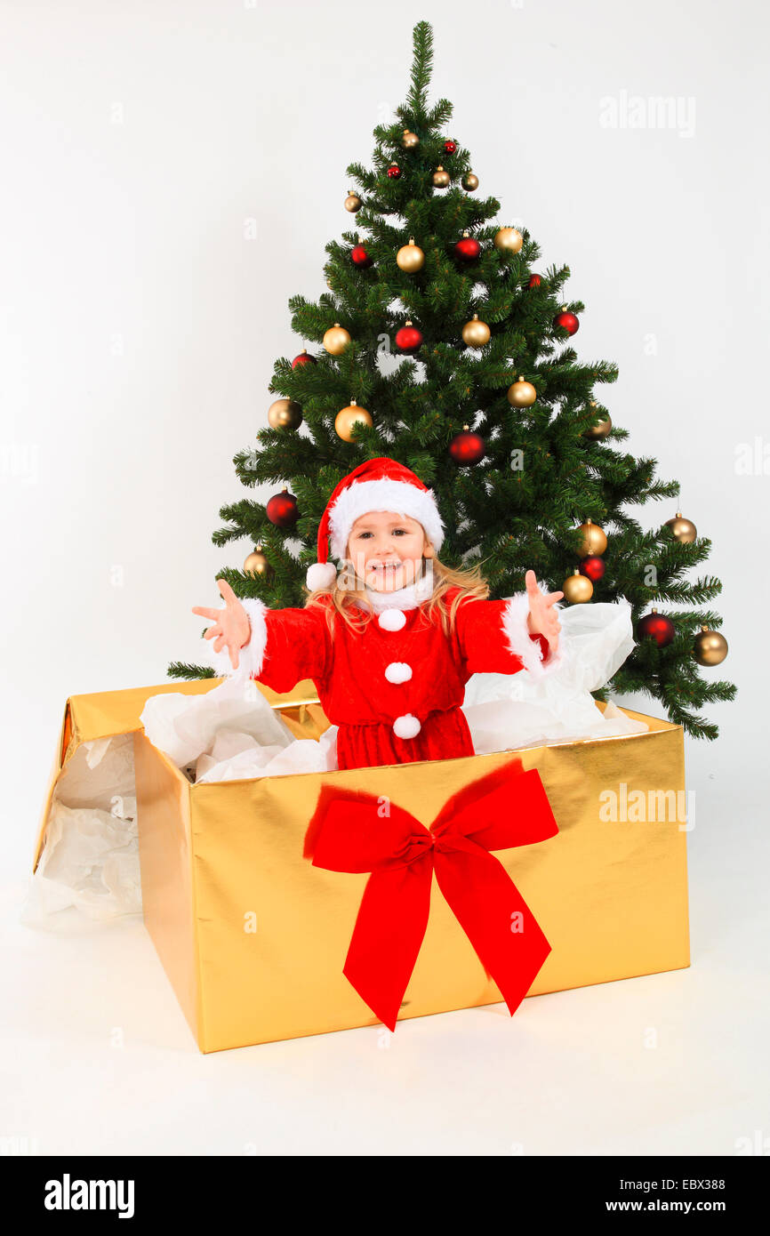 little girl dressed up as Santa Claus in a box with christmas tree, Switzerland Stock Photo