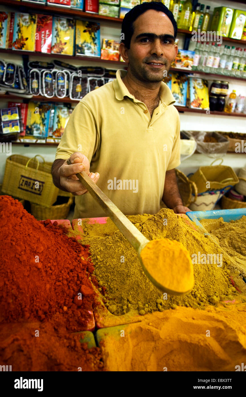 spice trader at his shop at the spice market, Tunisia, Djerba Stock Photo