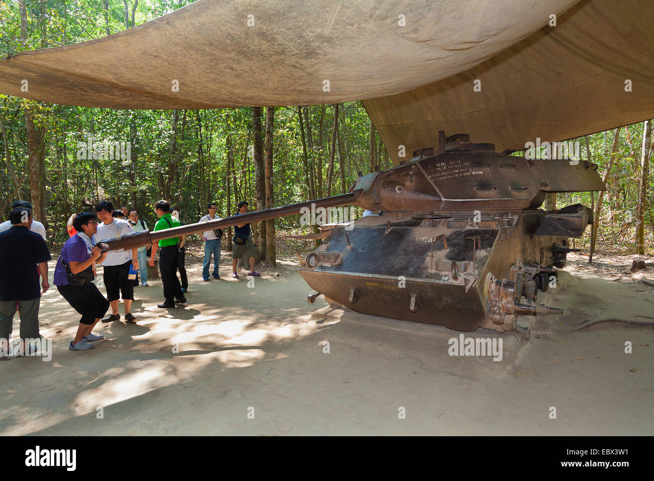 Cu Chi Tunnels near Vietnam display of an American tank that was used during the Vietnam War. Stock Photo