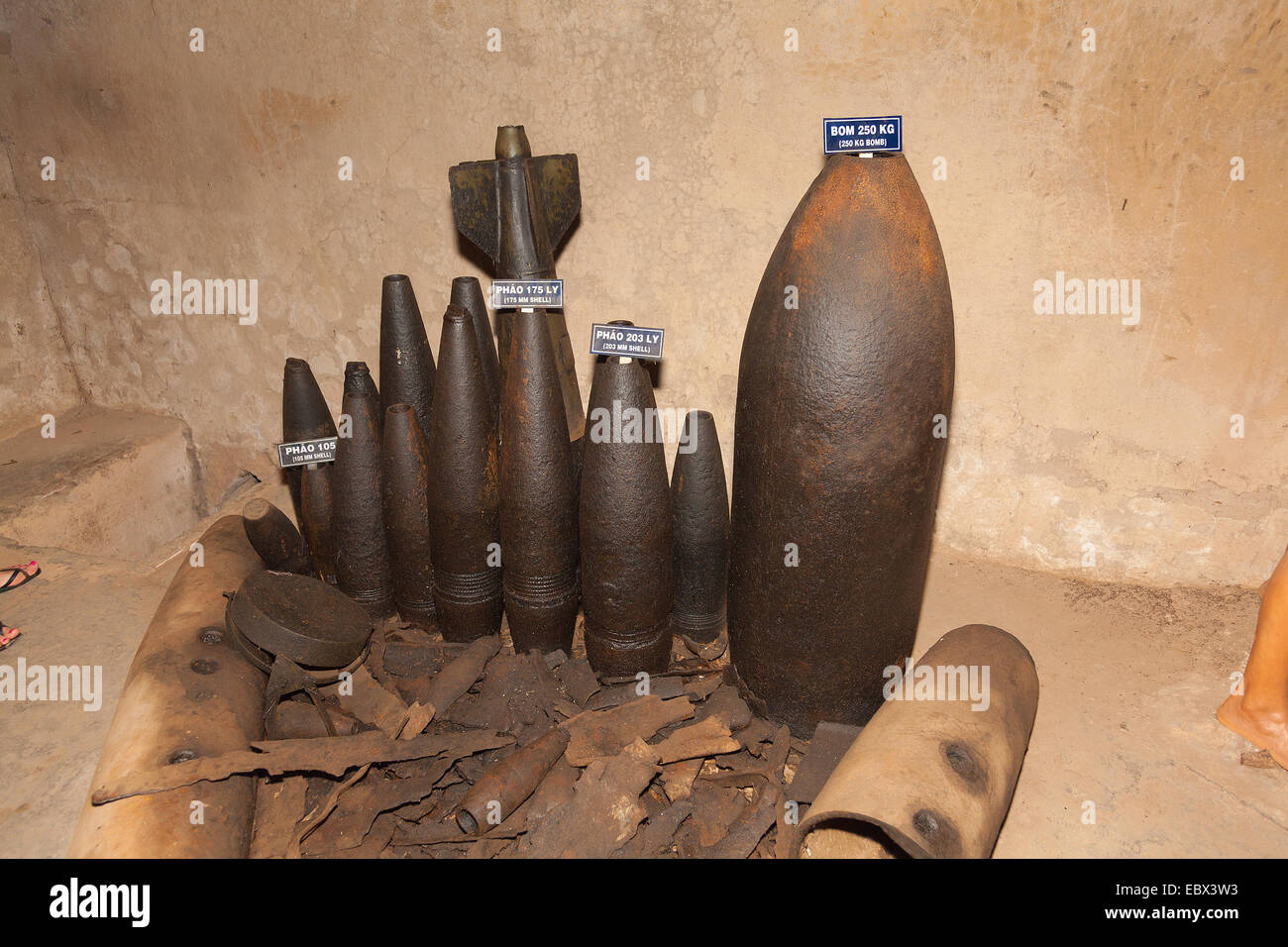 Cu Chi Tunnels Vietnam. Display of various shells used during the US Vietnam War Stock Photo