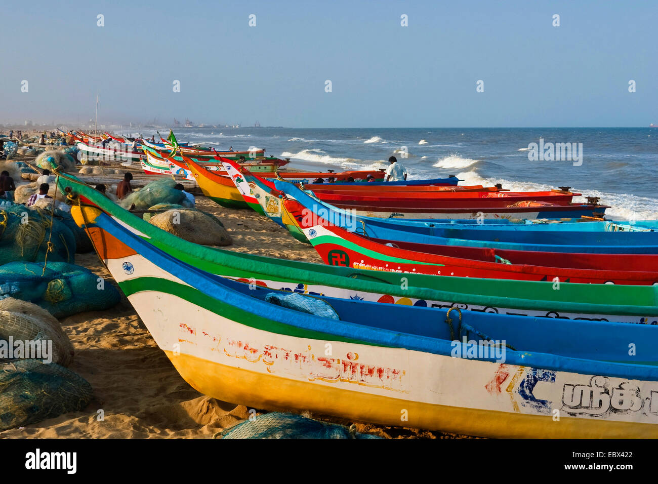 colourful fishing boats on sand beach, India, Tamil Nadu, Marina Beach, Chennai Stock Photo