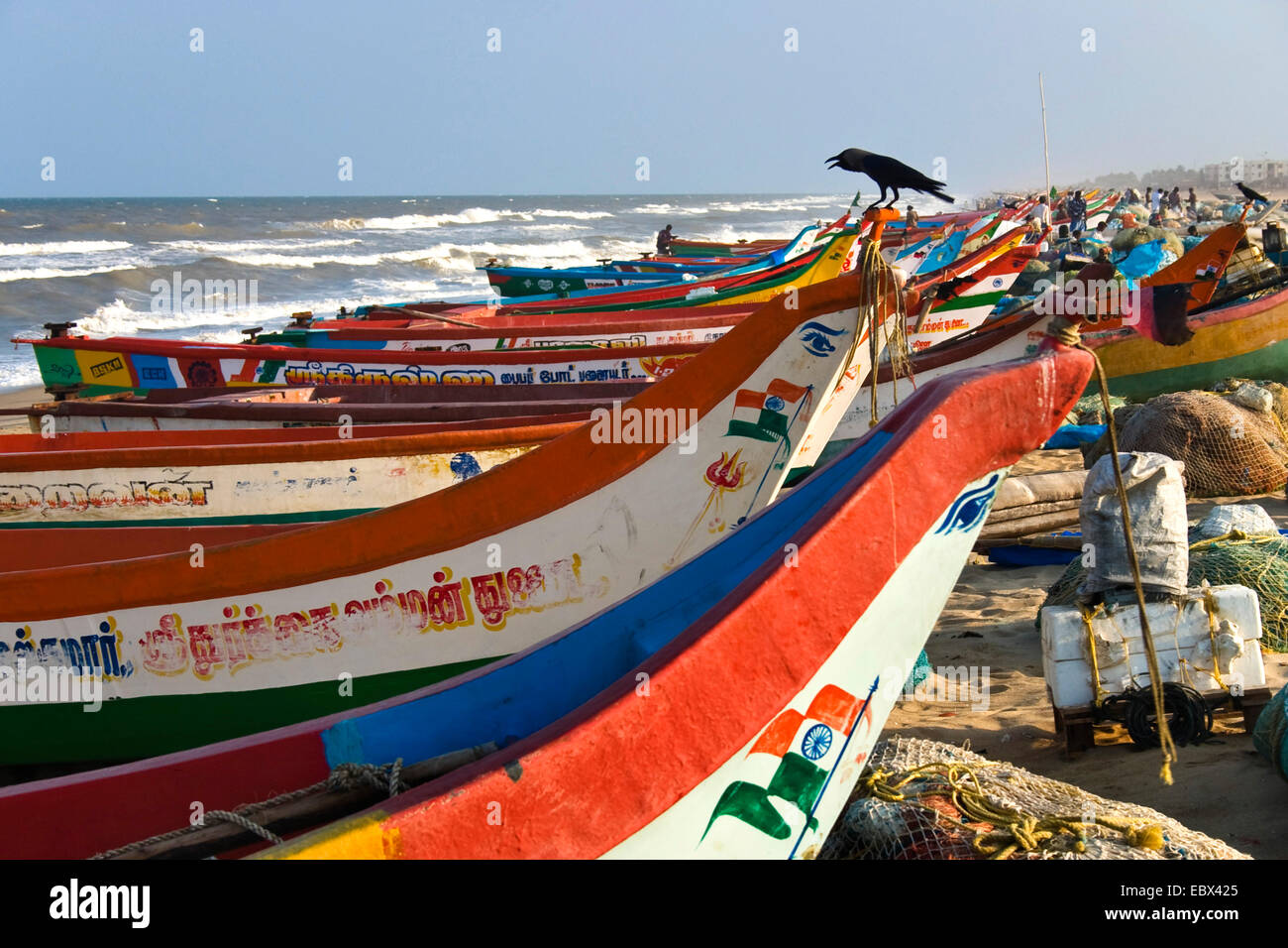 colourful fishing boats on sand beach, India, Tamil Nadu, Marina Beach, Chennai Stock Photo