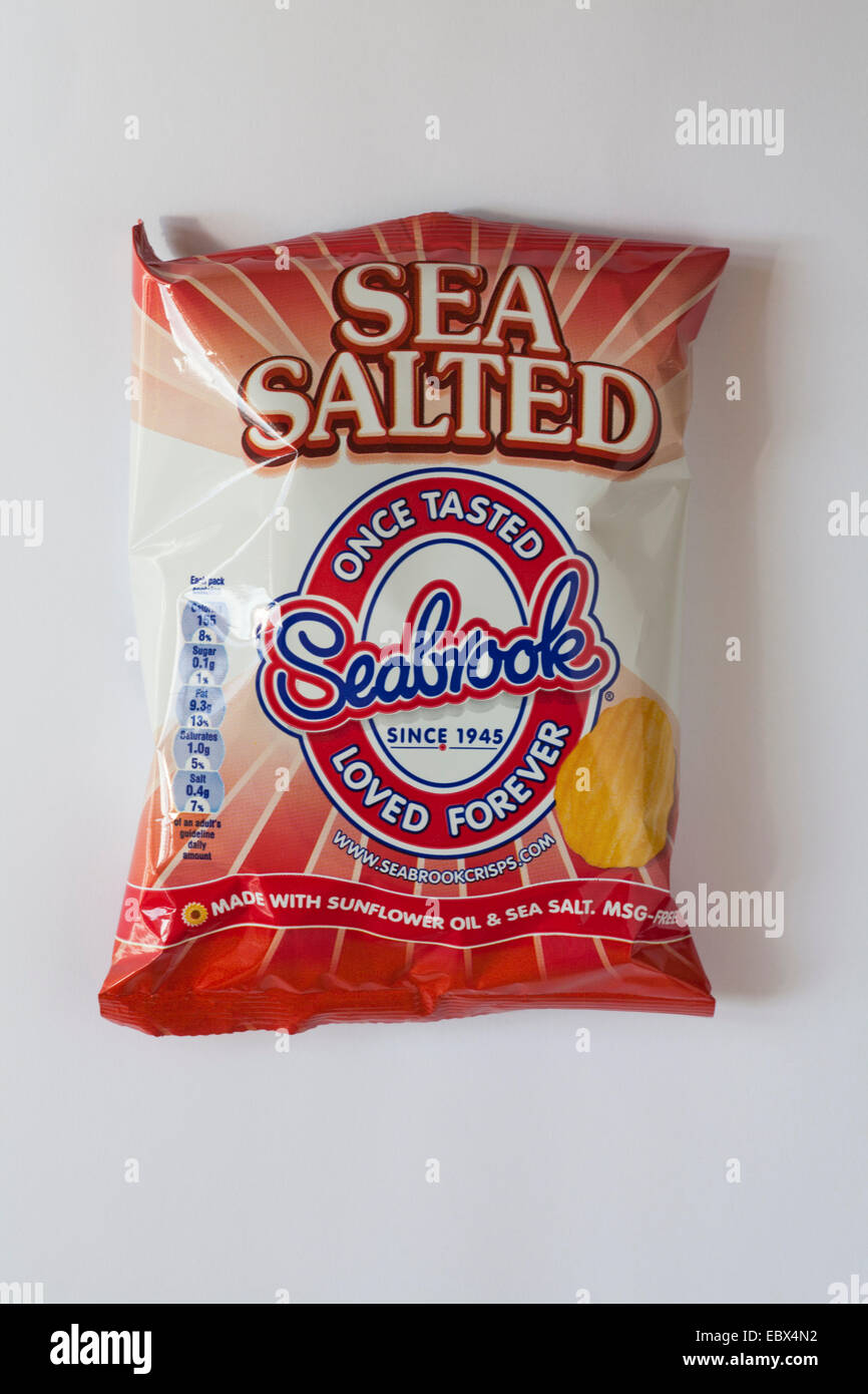 packet of Sea Salted once tasted Seabrook loved forever packet of crisps isolated on white background Stock Photo