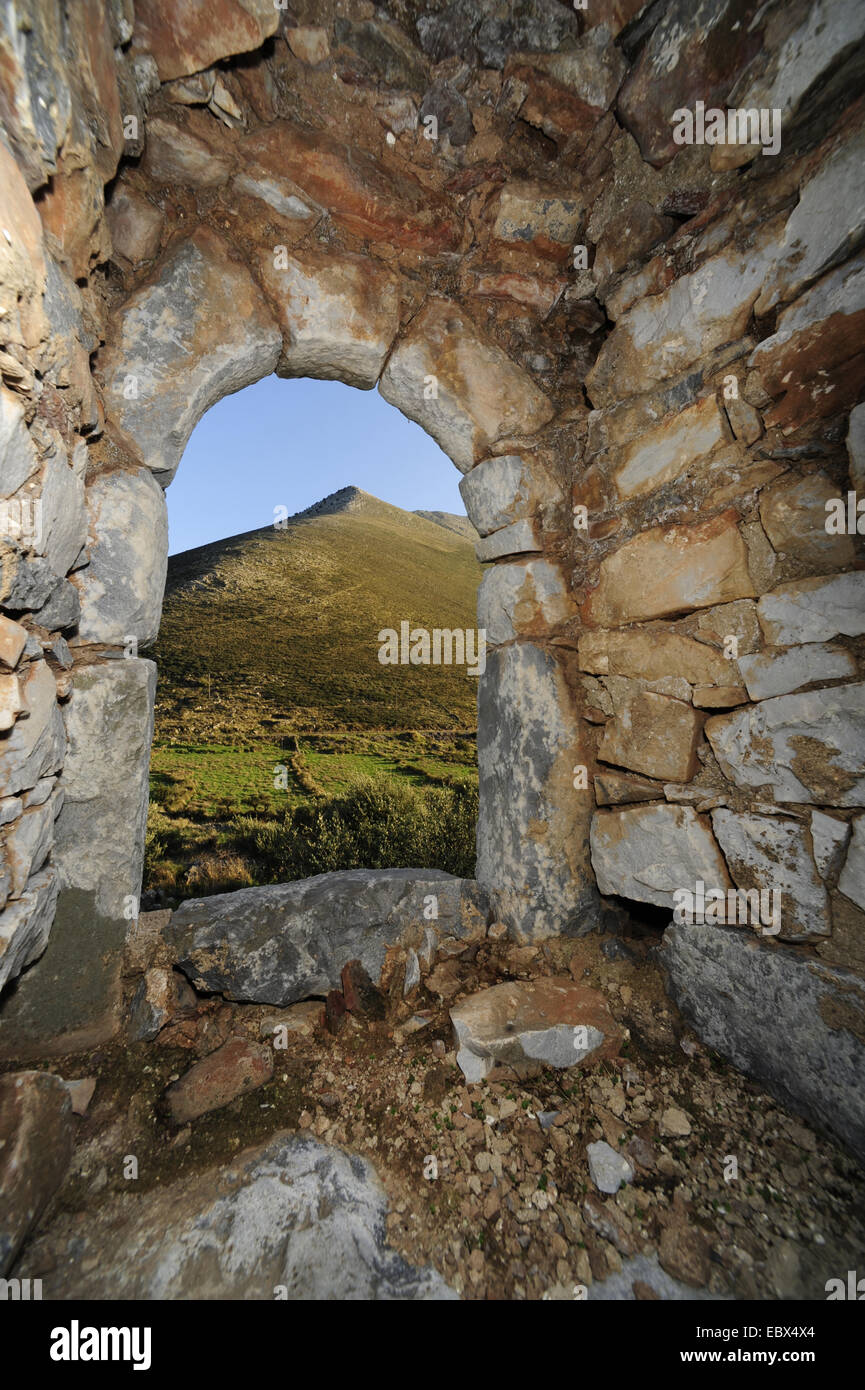 view throug a window of an old ruin, Greece, Peloponnes, Mani Stock Photo