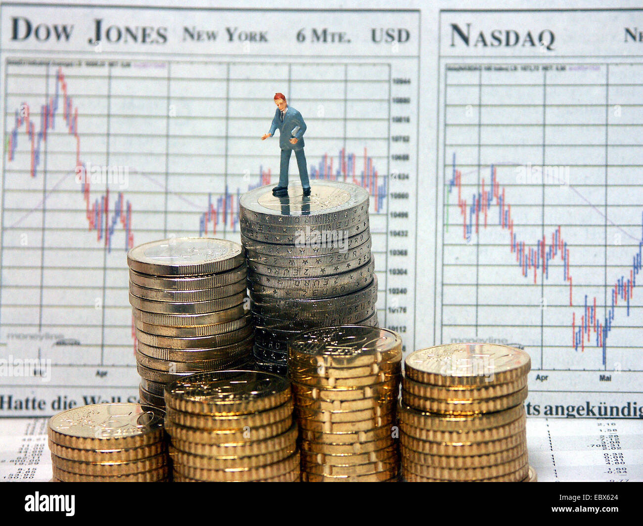 Symbolphoto share price, little figure at coins Stock Photo