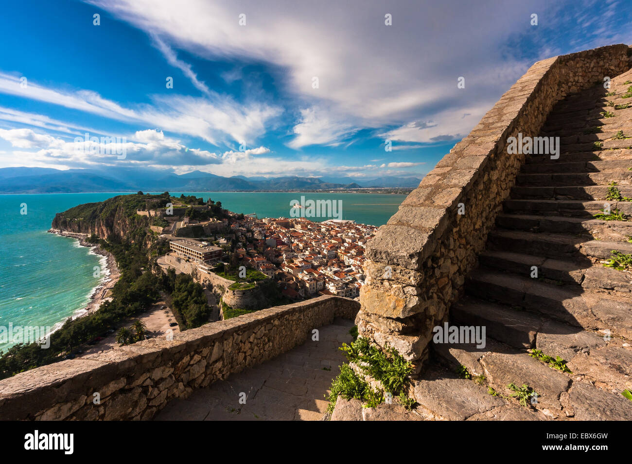 The city of Nafplion in southern Greece and the stairway to the old castle. Stock Photo