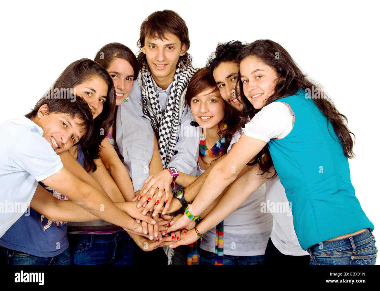 group of friends united all smiling Stock Photo