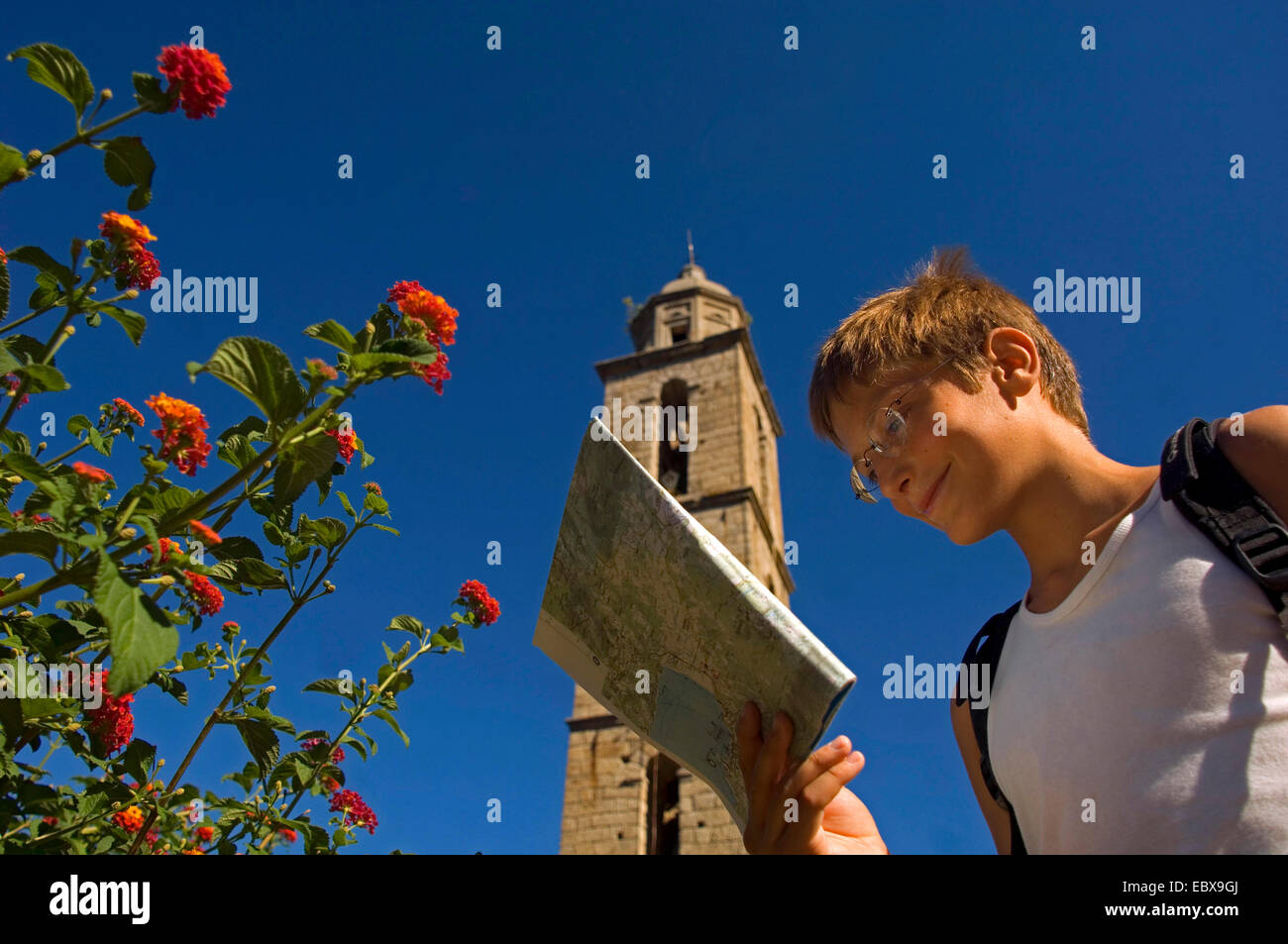 boy on trek near Ste Lucie de Tallano church, France, Corsica Stock Photo