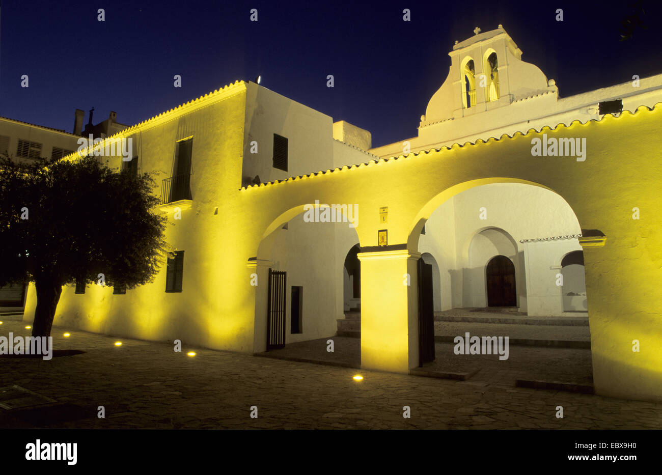 historic church of Sant Antoni de Portmany at night, Spain, Balearen, Ibiza Stock Photo