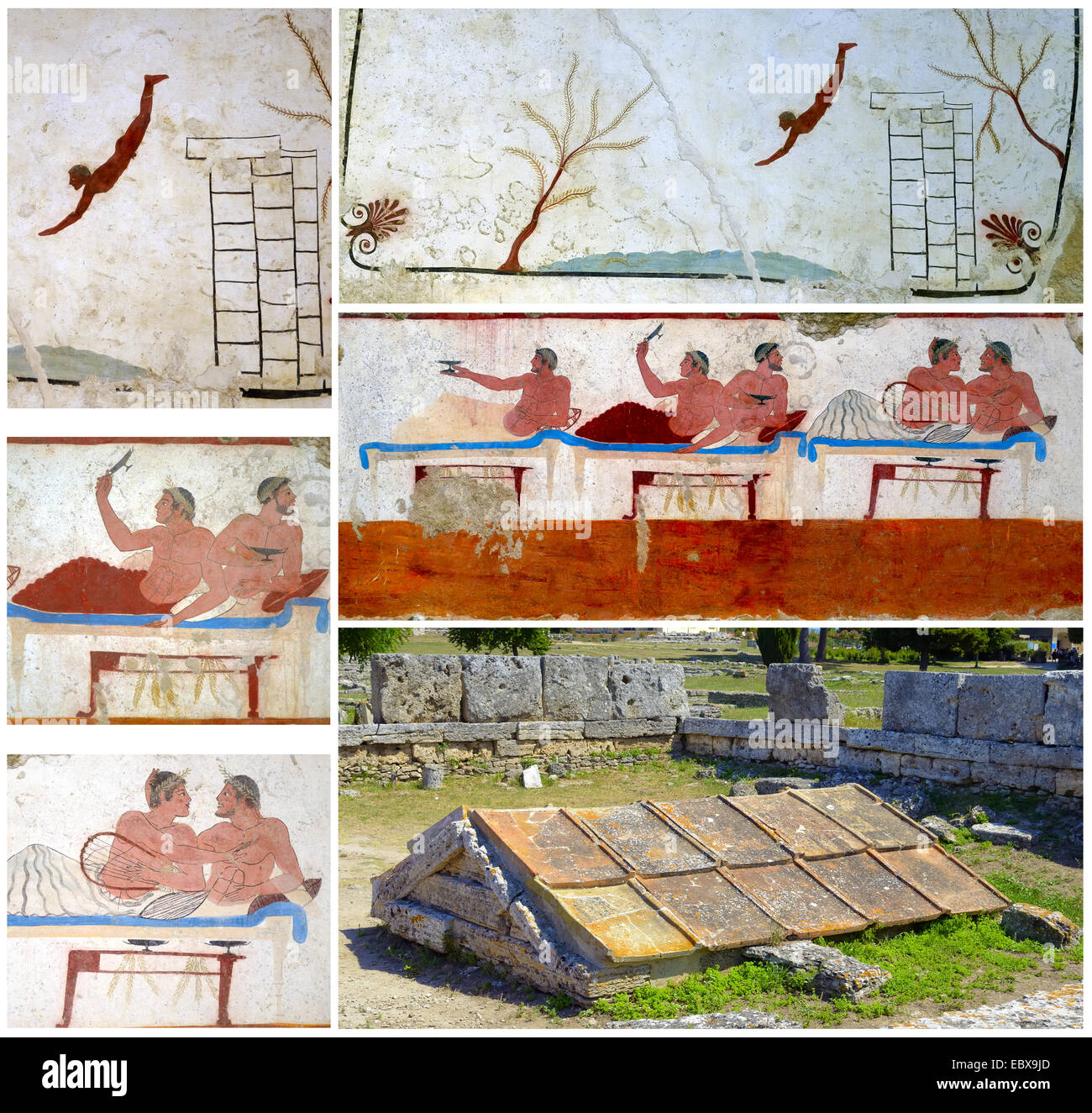Collage and detail of an ancient greek fresco found in a tomb in Paestum, Italy. Dating from about 470 B.C. Stock Photo