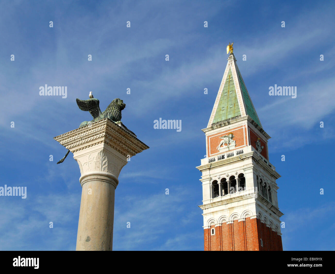 St Mark's Square, Campanile and lion Saint Mark, Italy, Venice Stock Photo