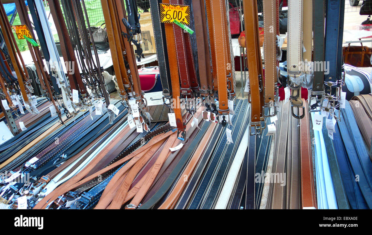 numerous belts on an weekly market, Spain, Balearen, Majorca, Alcudia Stock Photo