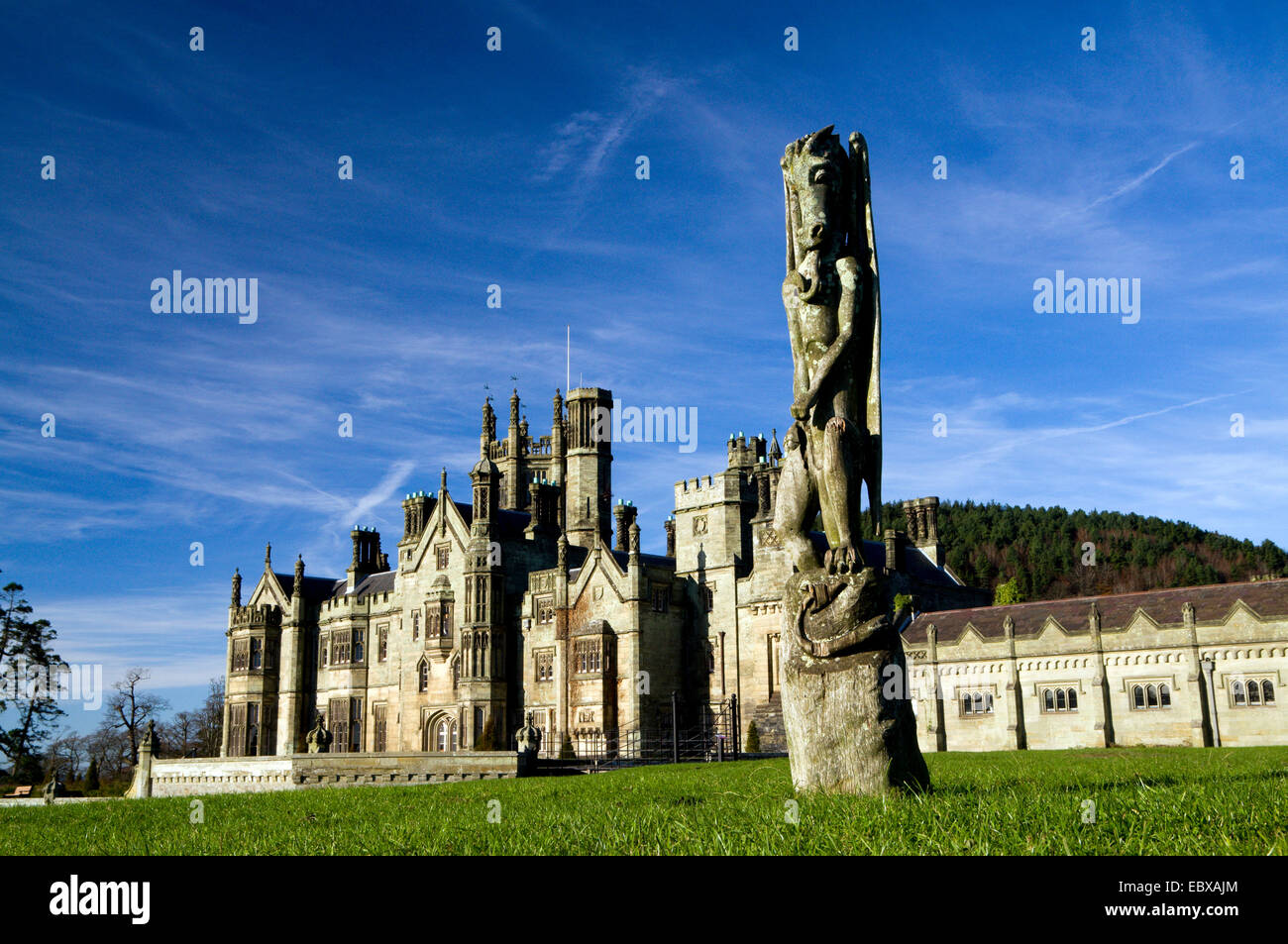 Margam Manor, Victorian Manor House and sculpture of dragon, Port Talbot, South Wales. Stock Photo