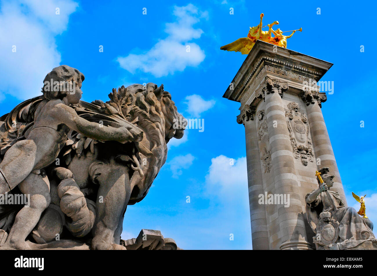 detail of the richly ornamented bridge Pont Alexandre III in Paris, France Stock Photo