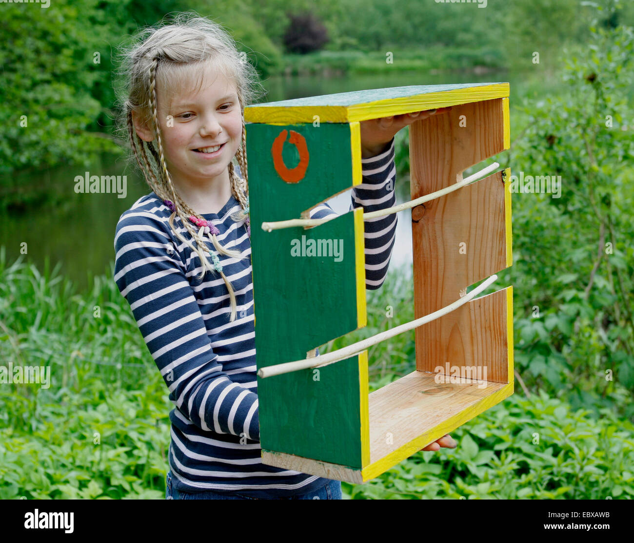 children are making an apple dehydrator; girl with a finished and colourful painted apple dehydrator, Germany Stock Photo