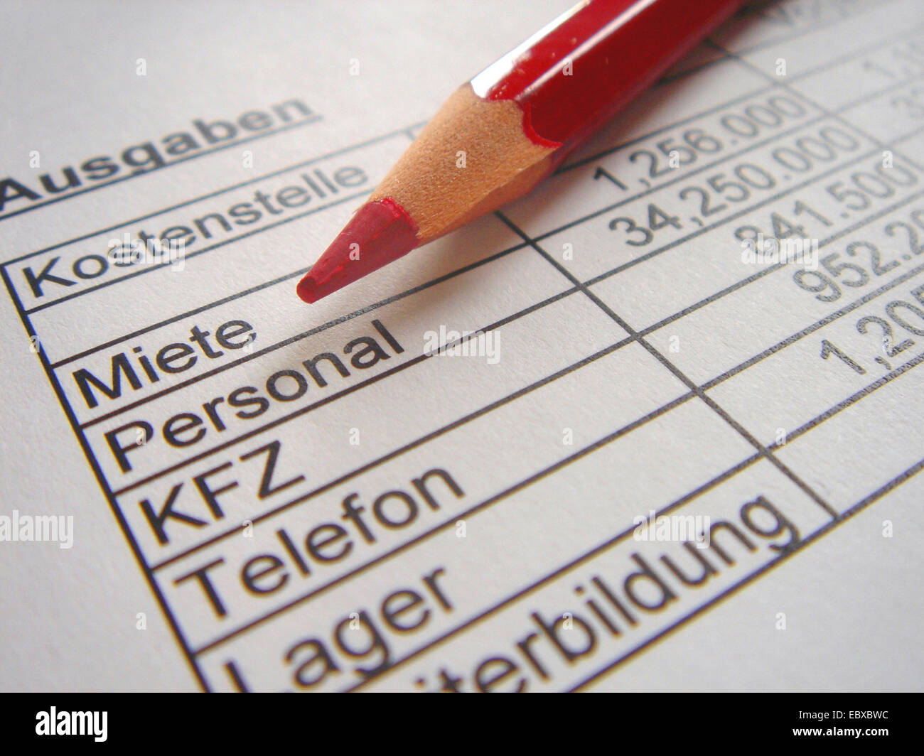 red pencil lying on a balance sheet of firm expenses Stock Photo