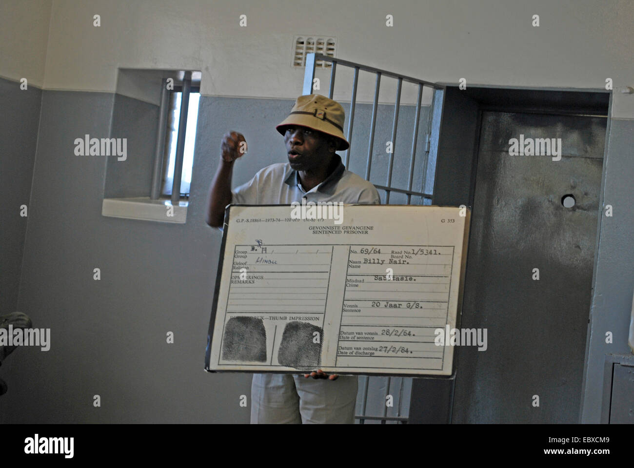 african in front of old prison at Robben Island, South Africa, Capetown Stock Photo