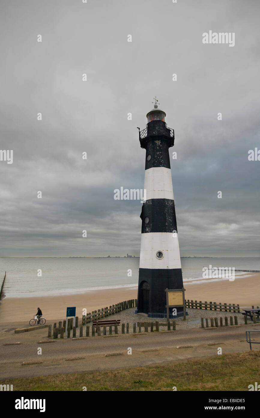 lighthouse at beach of Breskens, view over Schelde river to Vlissingen, Netherlands, Zeeland, Breskens, Sluis Stock Photo