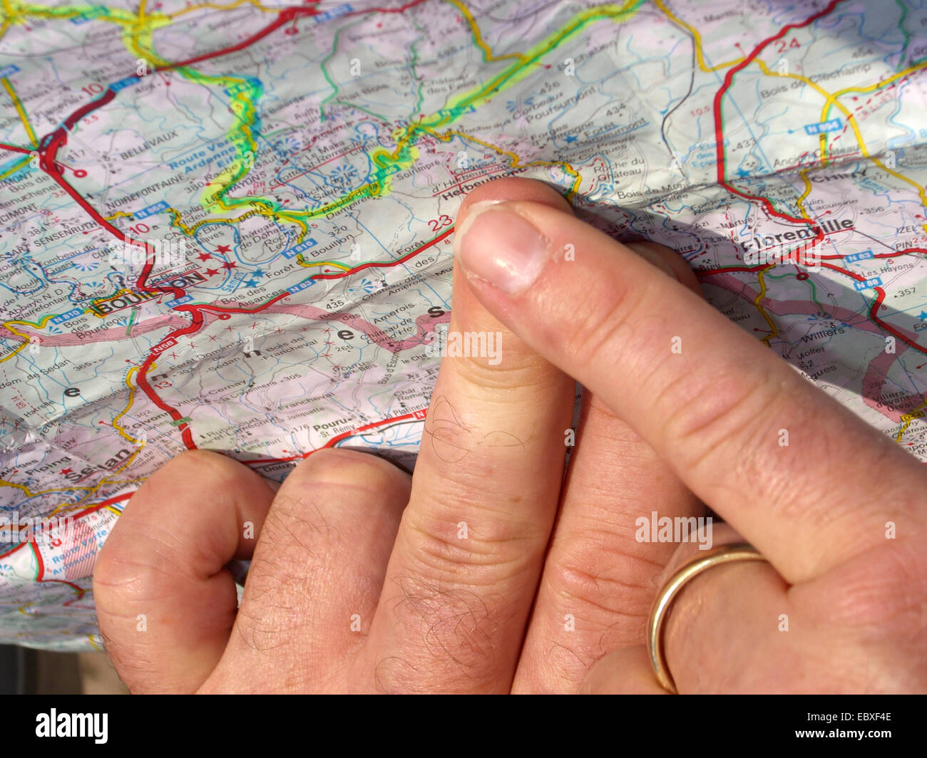 navigations with road map, Belgium, Ardennen Stock Photo