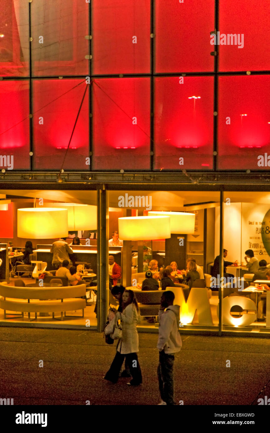 read luminous facade with restaurant in La Defense, France, Paris Stock Photo
