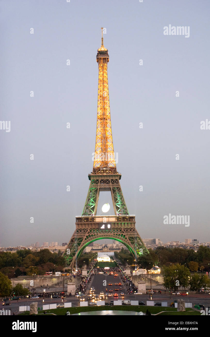 illuminated Eiffel tower in time of the rugby world championship 2007, France, Eiffelturm, Paris Stock Photo