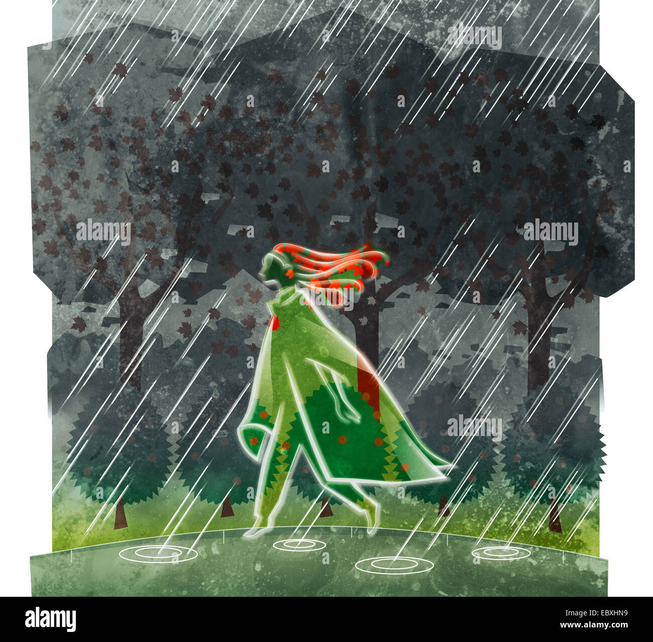 Illustration - Woman walking in the rain Stock Photo
