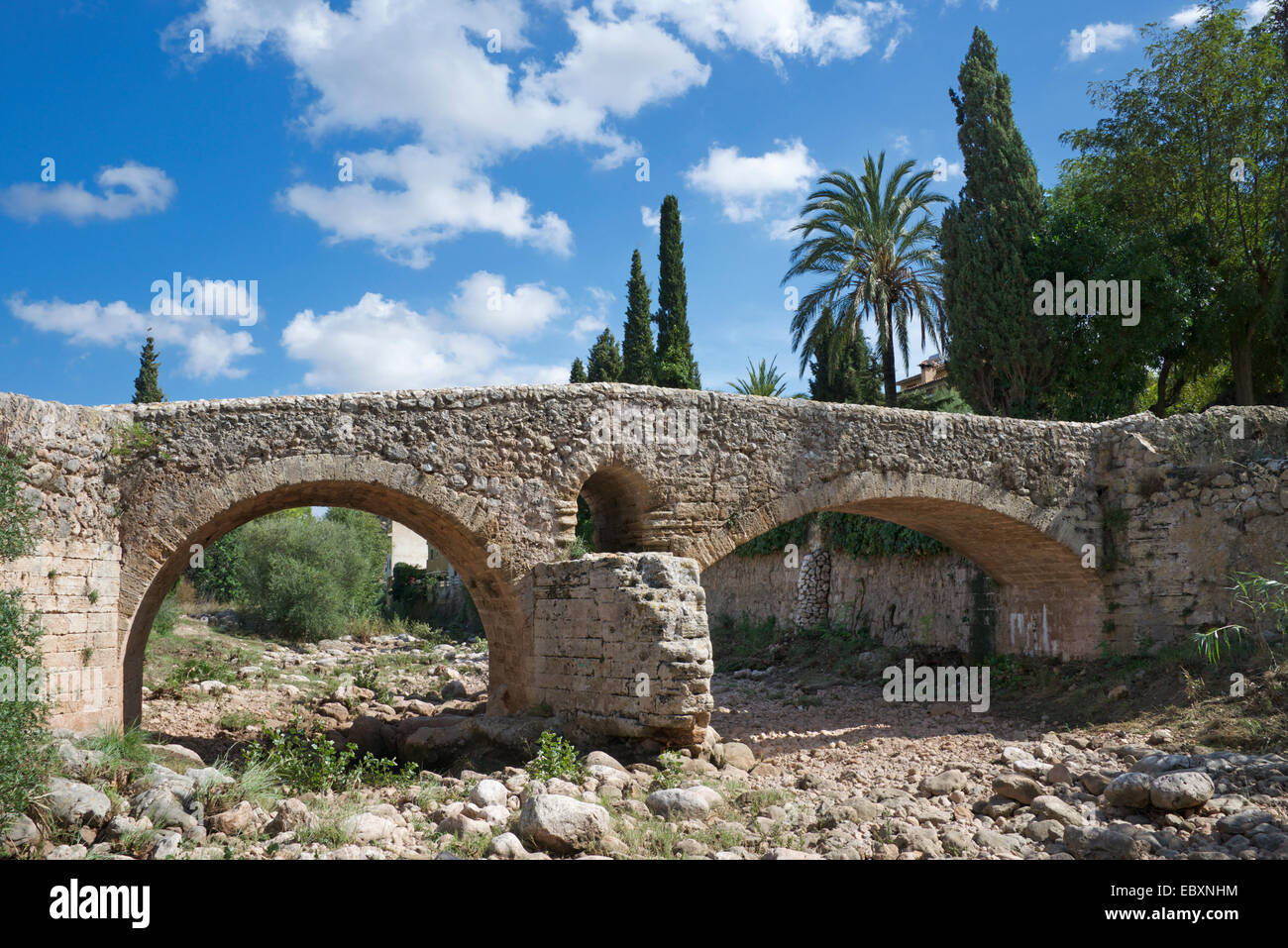 Old Roman double arch stone bridge Pollenca Mallorca Spain Stock Photo