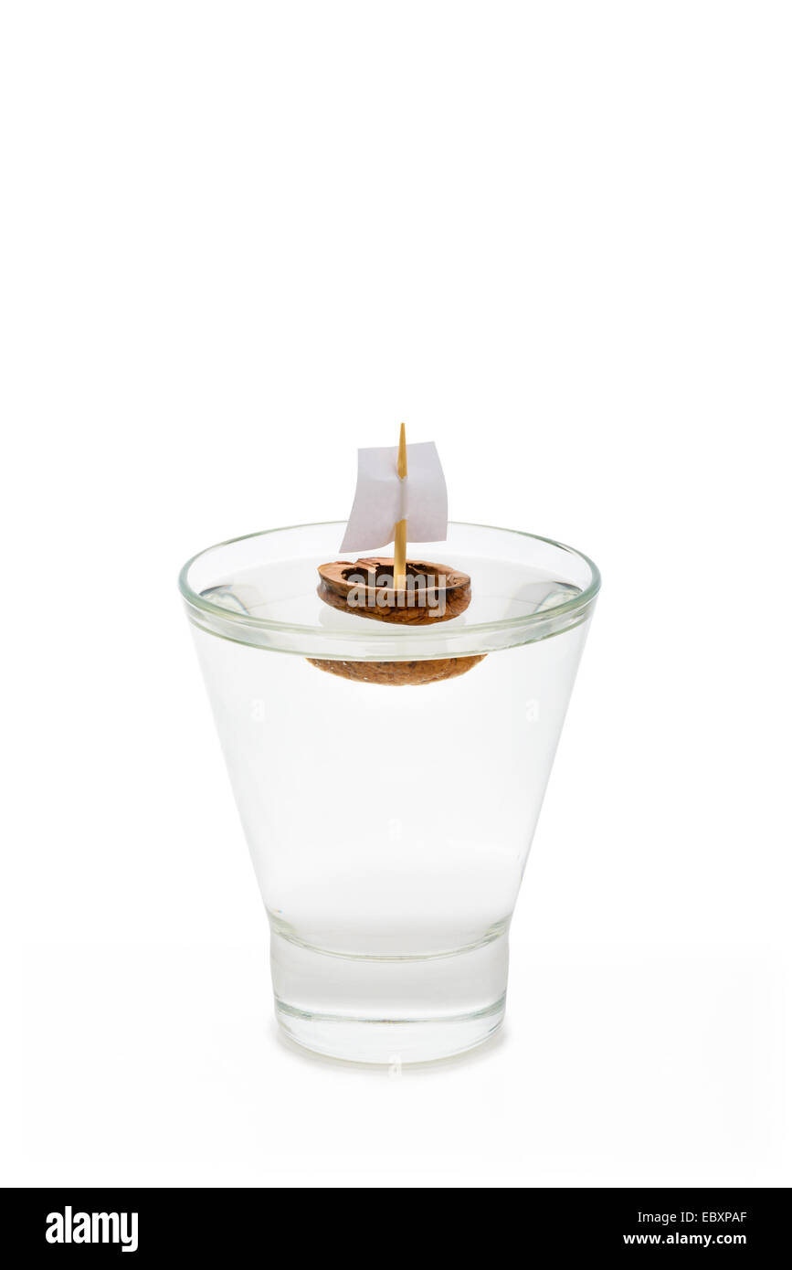 A walnut shell boat with a sail, floating in a transparent glass full of water or alcohol. Stock Photo