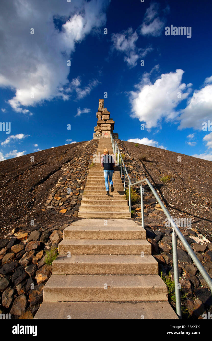 woman on the way to Himmelstreppe, stairway to heaven, on stockpile Rheinelbe, Germany, North Rhine-Westphalia, Ruhr Area, Gelsenkirchen Stock Photo