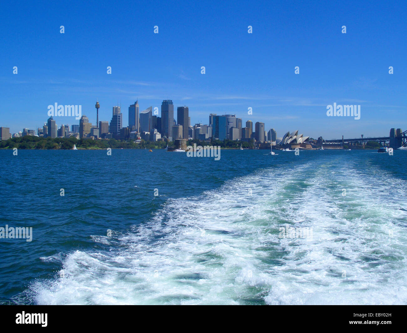 view from a boat on the skyline of Sydney, Australia, New South Wales, Sydney Stock Photo