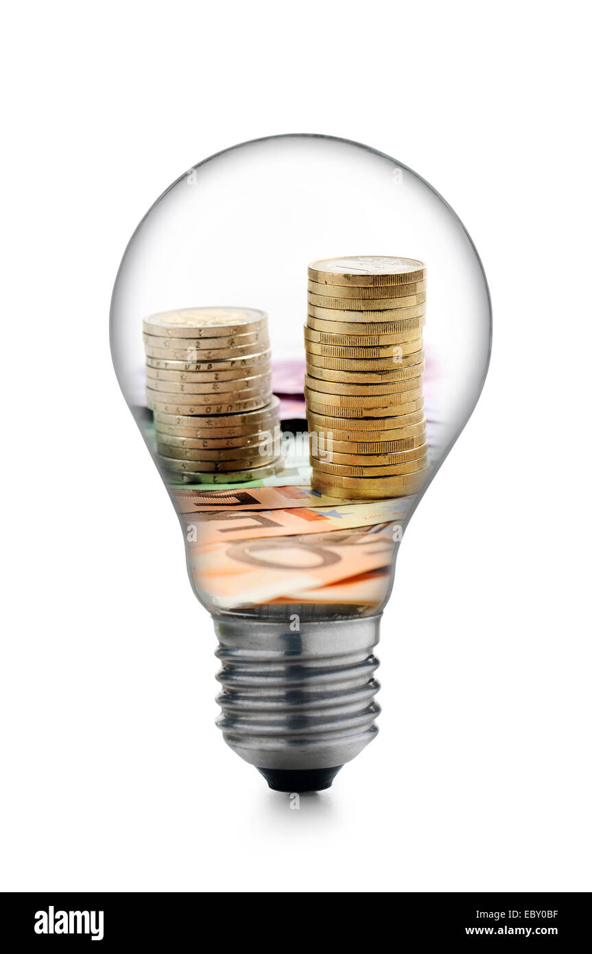 bulb with money, isolated on white Stock Photo