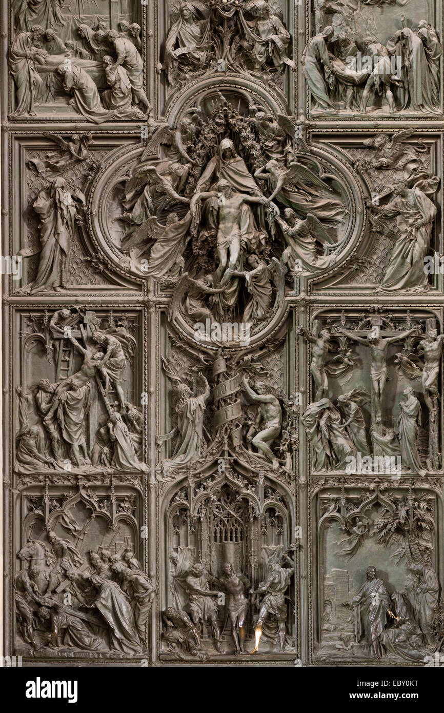 Detail, bronze main door of Milan Cathedral with scenes from the life