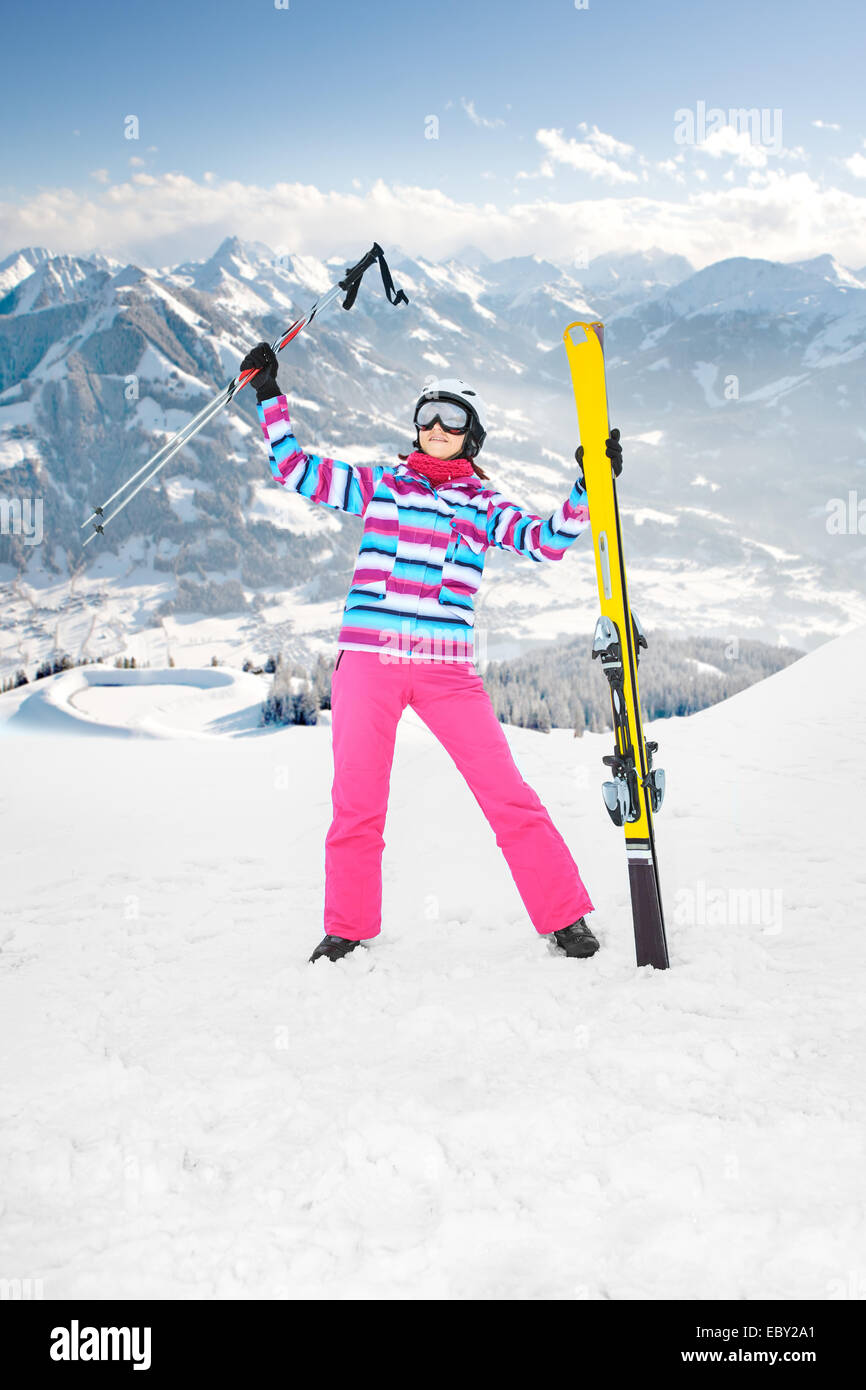 a woman skiing alpin in the mountains Stock Photo