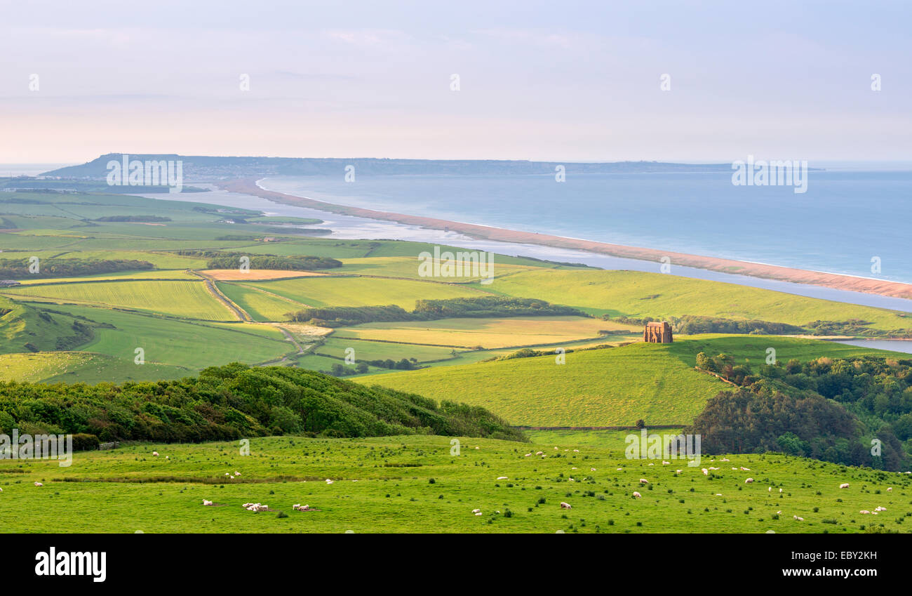 St Catherine's Chapel and rolling countryside with views beyond to Chesil Beach and the Isle of Portland, Dorset, England. Stock Photo