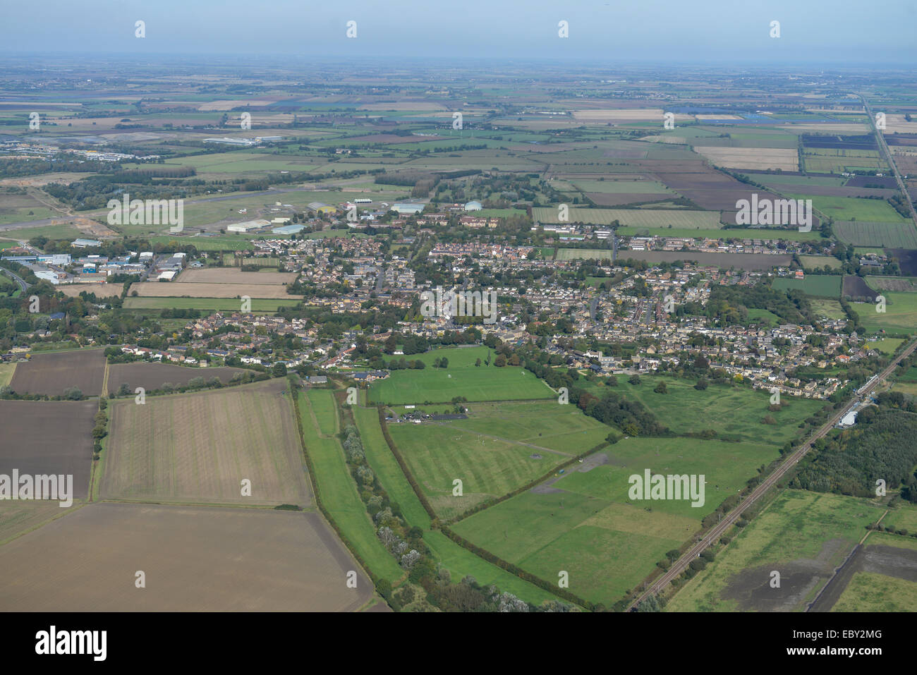 An aerial view of the Cambridgeshire village of Waterbeach and surrounding farm land Stock Photo